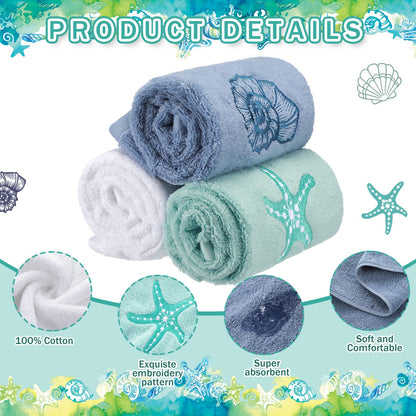 Hahafelt 3 Pack Coastal Hand Towels for Bathroom 100% Cotton Embroidered Beach Bathroom Towels 13.8 x 29.5'' Seashell Starfish Conch Blue Finger Towel Nautical Decorative Towel Gift for Summer Holiday