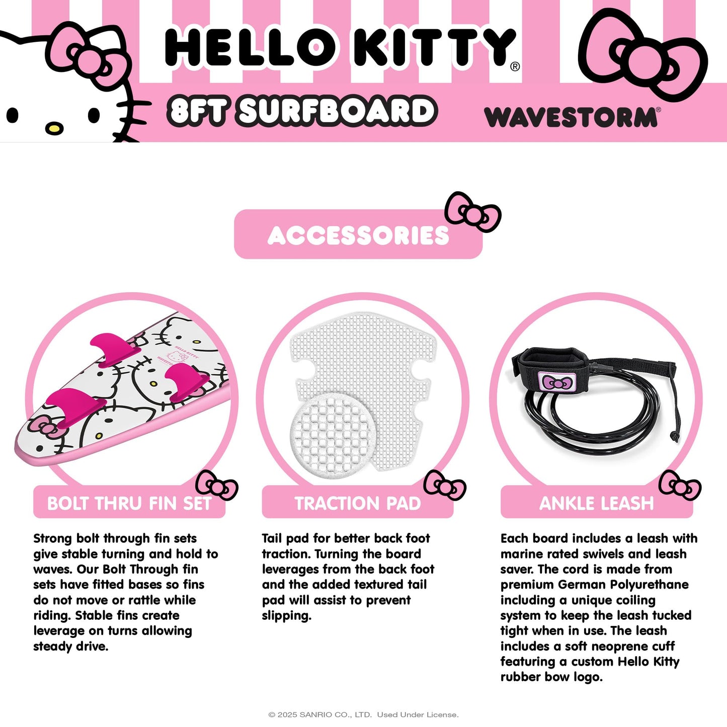 Hello Kitty 8ft Surfboard by Wavestorm | Graphic top Deck with high Density Slick Bottom | for Kids and Adults | Foam Construction with Accessories | Includes Basic Leash