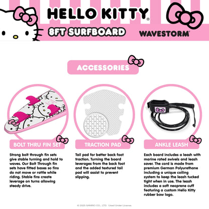 Hello Kitty 8ft Surfboard by Wavestorm | Graphic top Deck with high Density Slick Bottom | for Kids and Adults | Foam Construction with Accessories | Includes Basic Leash