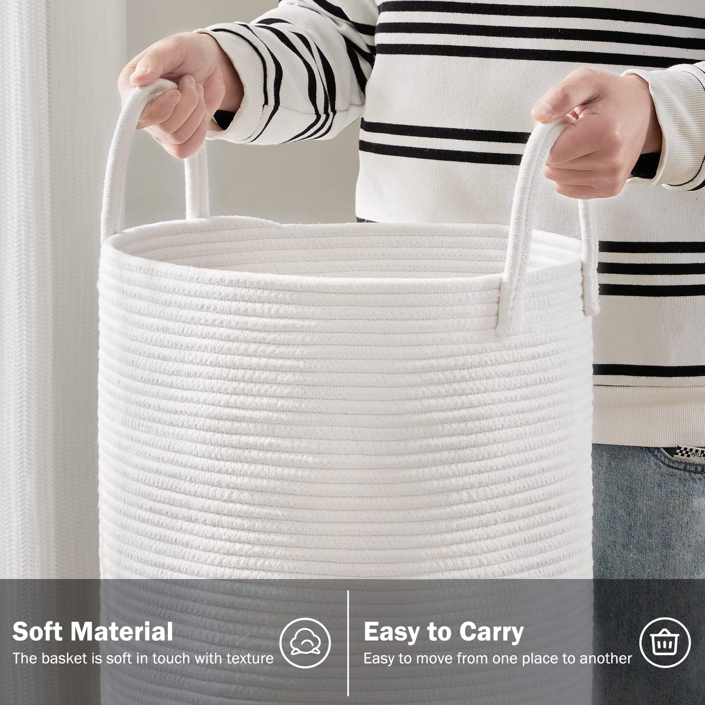 Woven Rope Laundry Hamper Basket by YOUDENOVA, 72L Tall Luandry Basket, Baby Nursery Hamper for Blanket Storage in Bedroom-Large-Pure White