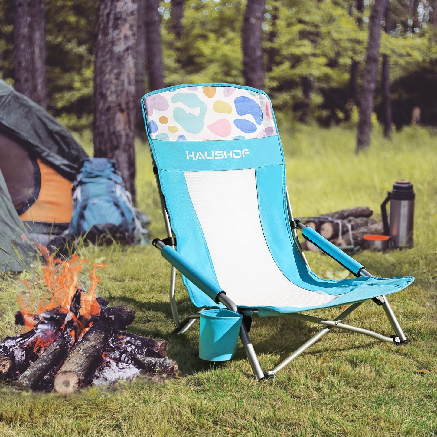 HAUSHOF 2-Pack Blue High Back Beach Chairs with Colored Dots, Durable 600D Oxford Fabric, Industrial Grade Iron, Maximum Seated Weight Capacity: 265 lbs, Ergonomic Design