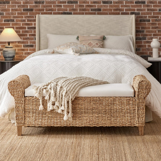 HULALA HOME Rattan Storage Bench, Rattan Upholstered End of Bed Bench with Roll Arm & Solid Wood Legs, Natural