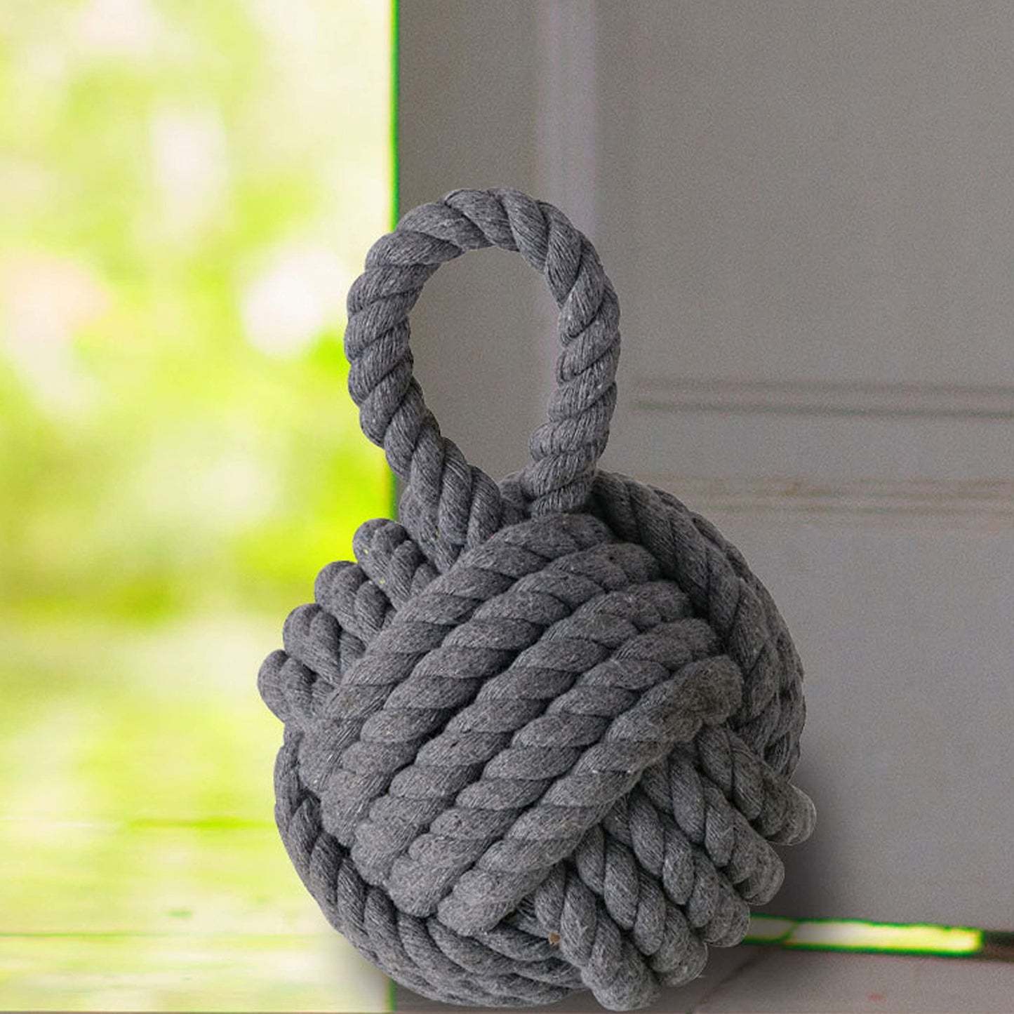 Nautical Knot Door Stopper, Set of 2, Grey and White, Natural Jute Rope, Hand Tied, Loop Handle, 6 D x 9 H inches, Weighted, 5.5 Pounds Together