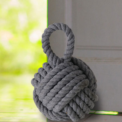 Nautical Knot Door Stopper, Set of 2, Grey and White, Natural Jute Rope, Hand Tied, Loop Handle, 6 D x 9 H inches, Weighted, 5.5 Pounds Together