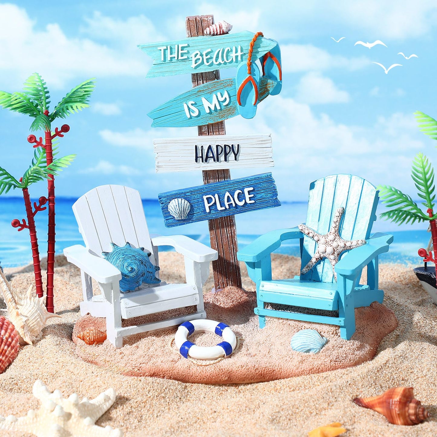 Wonderjune Beach House Decor Coastal Chair Resin with Animal Figurine Signs Ornament for Summer Beach Tropical Table Mantle Tabletop Decoration or Housewarming Birthday Gift 7x7 Inch(Coastal)