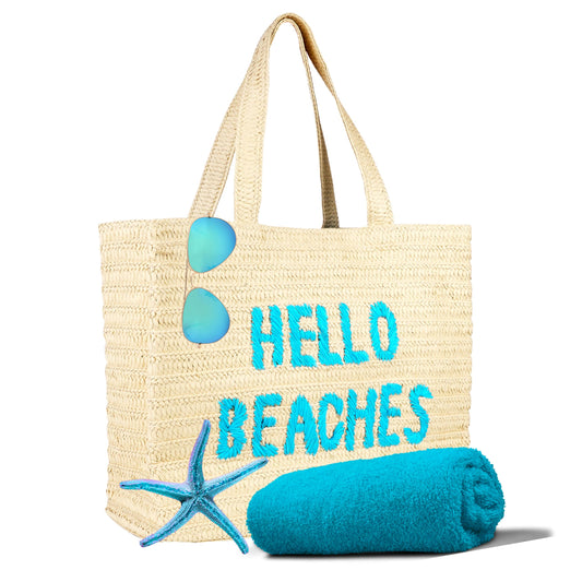 Hello Beaches: beach bags for women vacation. A packable straw bag that folds flat. A large tote bag are beach essentials. Use as a travel beach bag. Take this Beach Tote Bag on Vacation
