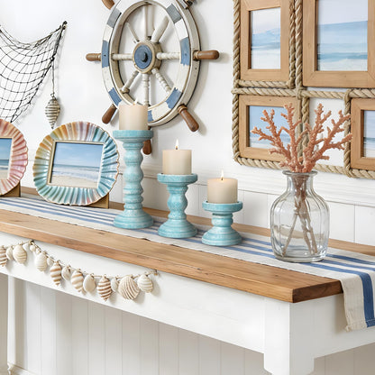 Candle Holder for Pillar Candle Set of 3, Ocean Themed Beach Decor Candle Holders, Coastal Farmhouse Nautical Rustic Decorations for Bathroom, Living Room, Dining Room and Office, Blue