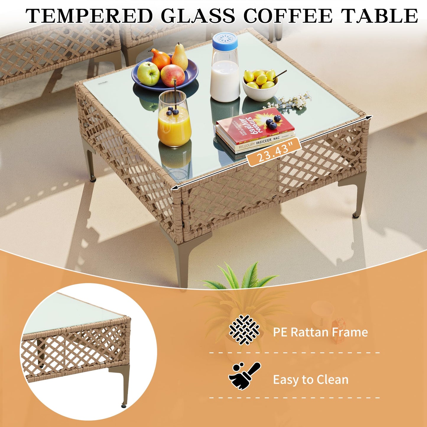 FHFO 7 Piece Patio Furniture Set, Outdoor Wicker Modular Sectional Patio Conversation Set with Thicker Cushion & Tempered Glass Coffee Table for Backyard, Poolside, Porch (Yellow/Beige)