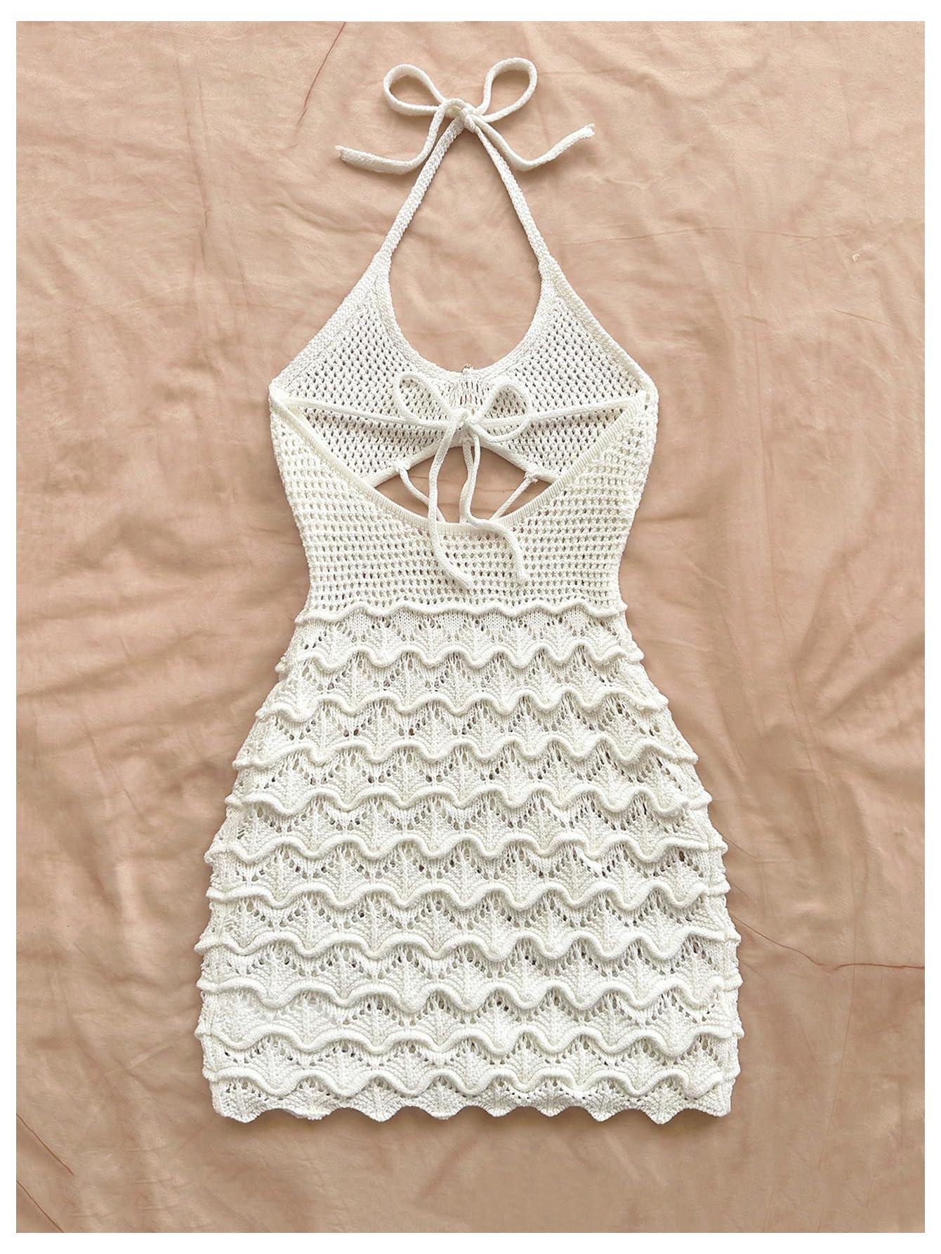 GORGLITTER Women's Crochet Halter Knit Bubble Backless Dresses Summer Vacation Festival Cruise Hawaii Beach Outfits White Textured Large