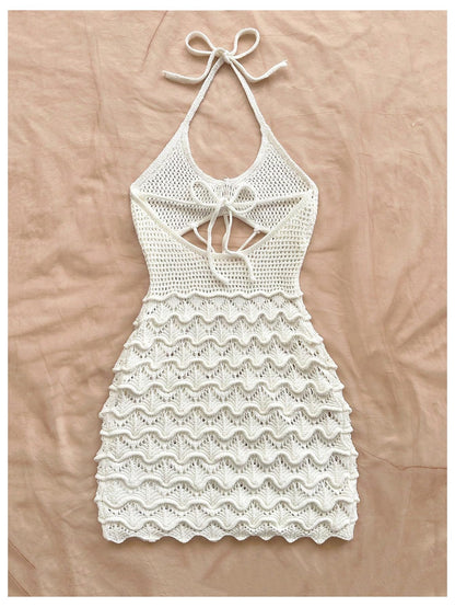 GORGLITTER Women's Crochet Halter Knit Bubble Backless Dresses Summer Vacation Festival Cruise Hawaii Beach Outfits White Textured Large