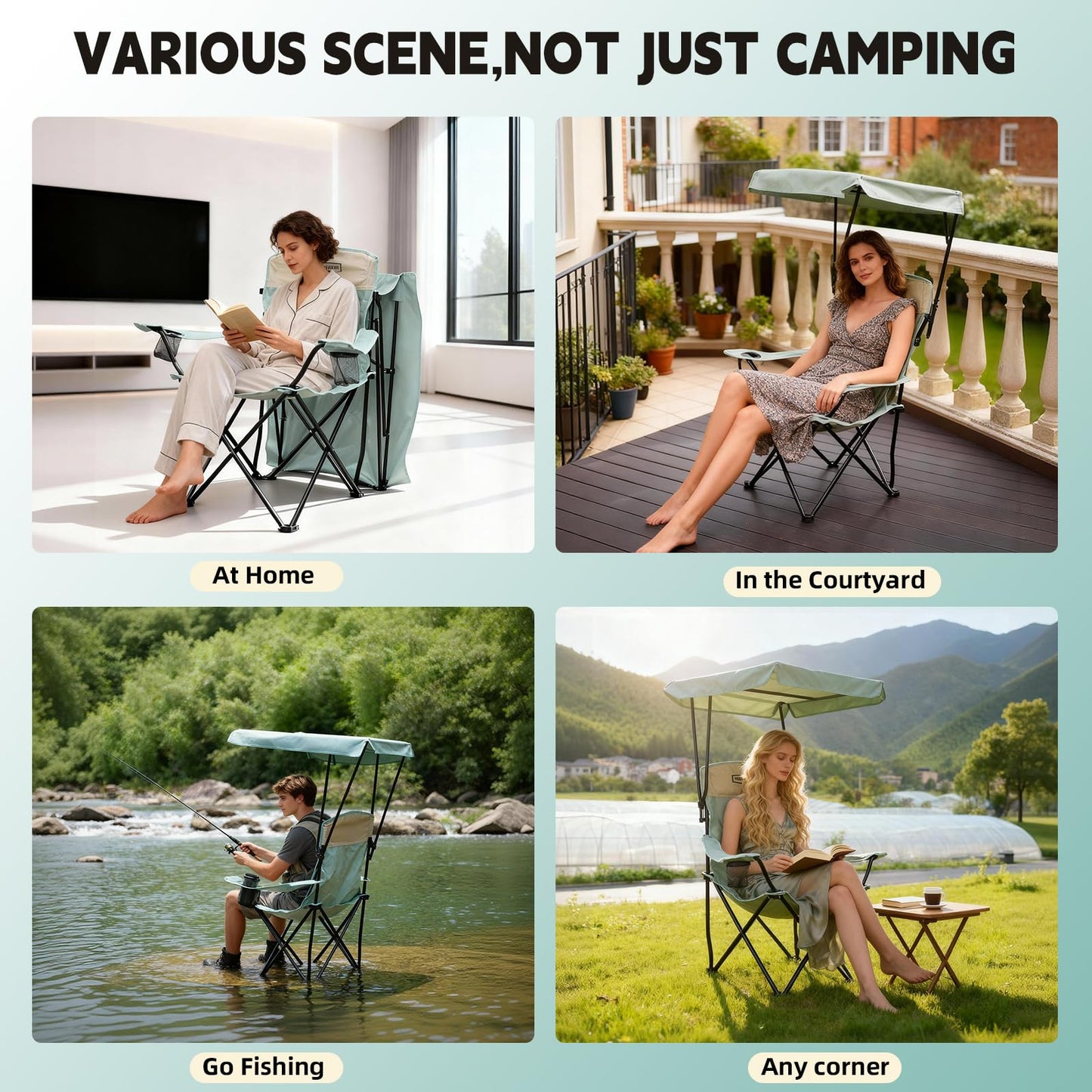 YOUNG WOOD Portable Camping Chair Beach Chair with Shade Canopy, Fold Lightweight Oversized for All, Easy to Open and Close Without Installation, Side Pocket Design for All Outdoor Activities, Blue