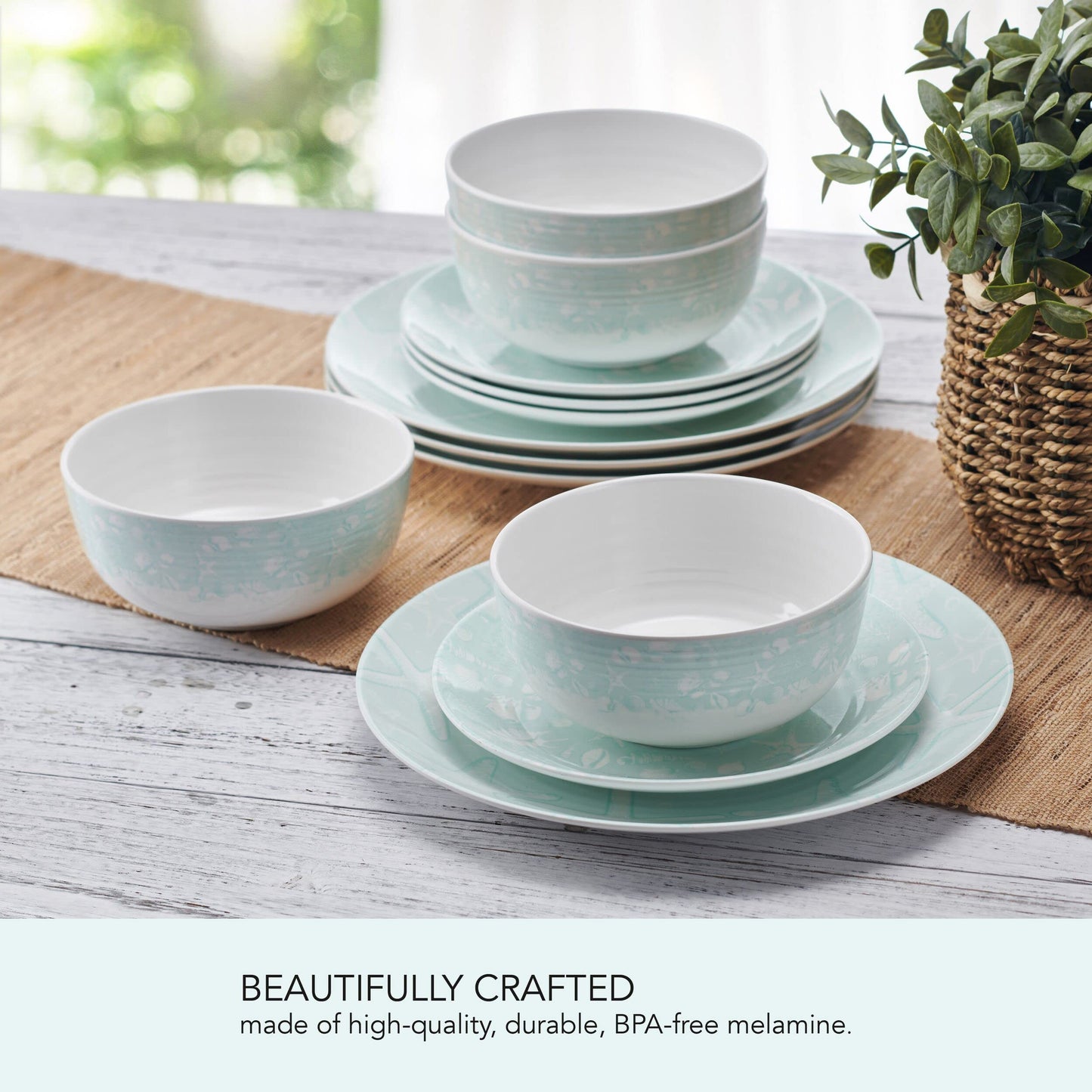 Pfaltzgraff Venice 12 Piece Outdoor Melamine Dinnerware Set, Service for 4,Teal