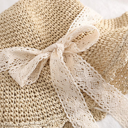 Summer Beach Sun Straw Hats for Women Ladies Wide Brim Lace Bow Floppy Packable Travel Bucket Hats UPF 50+ Crushable UV Fishing Cap Foldable Sun Protection Hat Beige
