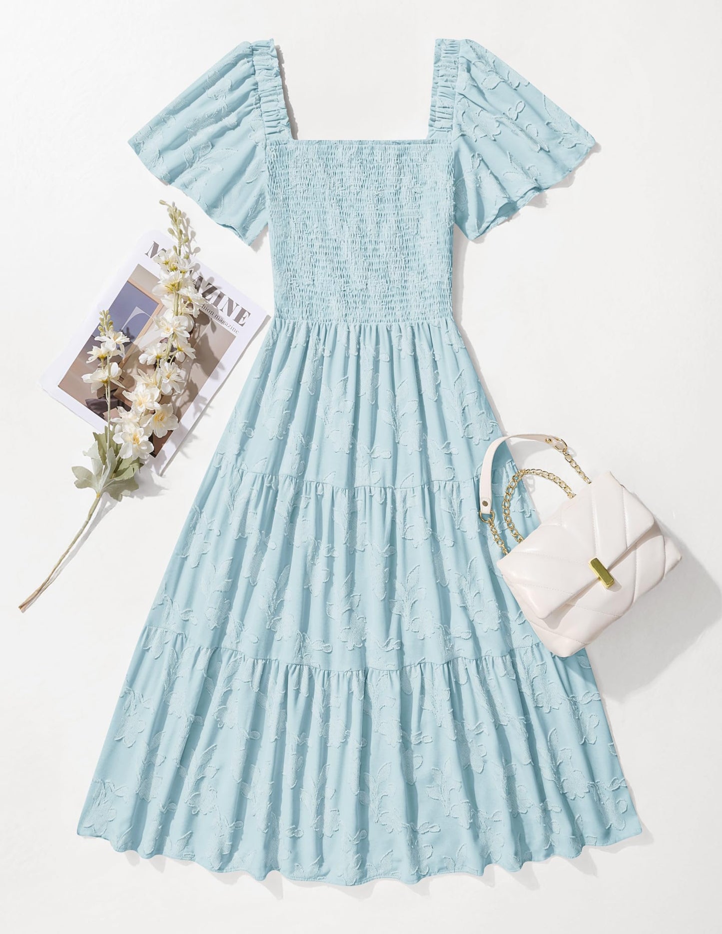 ZESICA Women‘s Summer Boho Floral Midi Dress 2026 Casual Short Sleeve Square Neck Flowy Beach Vacation Long Dress,Blue,X-Large