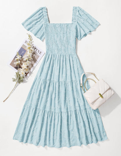 ZESICA Women‘s Summer Boho Floral Midi Dress 2026 Casual Short Sleeve Square Neck Flowy Beach Vacation Long Dress,Blue,X-Large