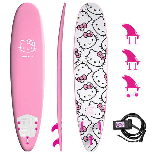 Hello Kitty 8ft Surfboard by Wavestorm | Graphic top Deck with high Density Slick Bottom | for Kids and Adults | Foam Construction with Accessories | Includes Basic Leash