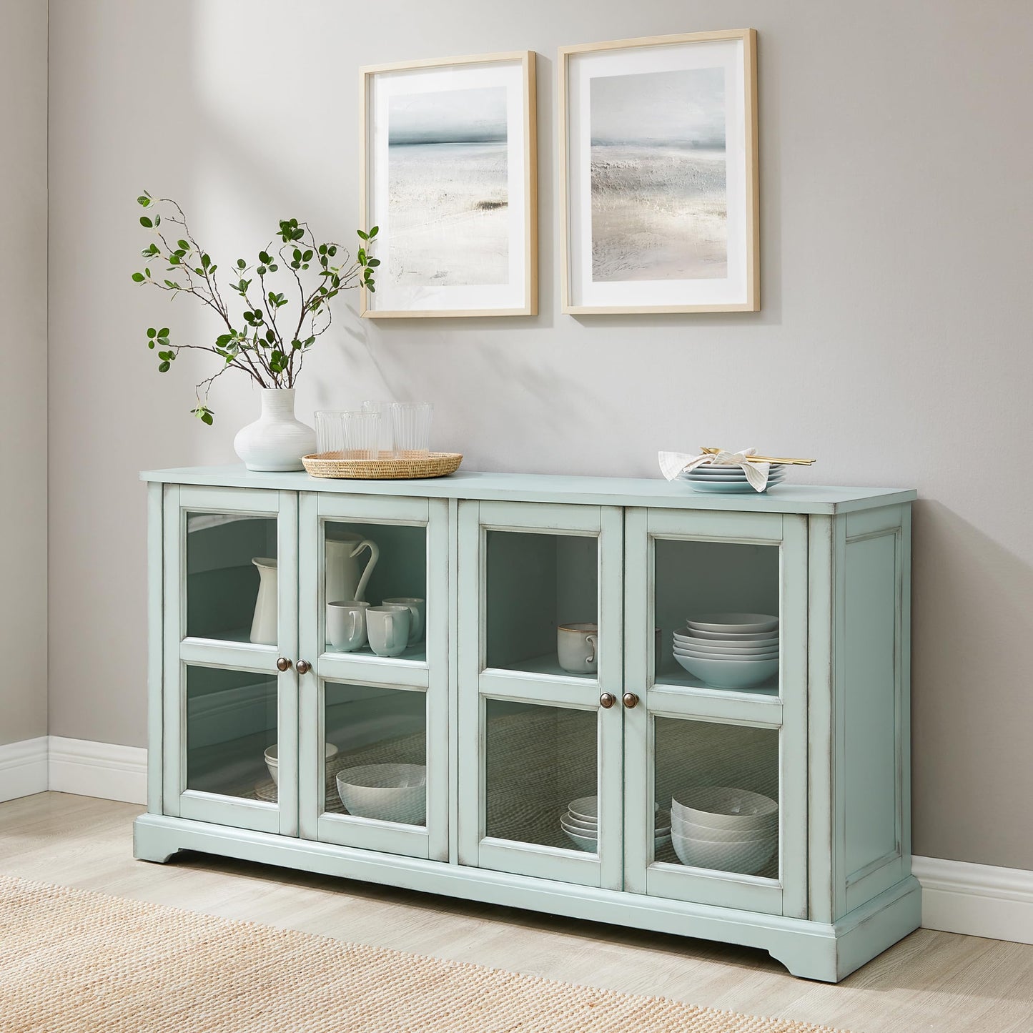 Crosley Furniture Holbrook Traditional Glass Door Sideboard Buffet Cabinet, Kitchen Storage, TV Stand, Distressed Seafoam Blue