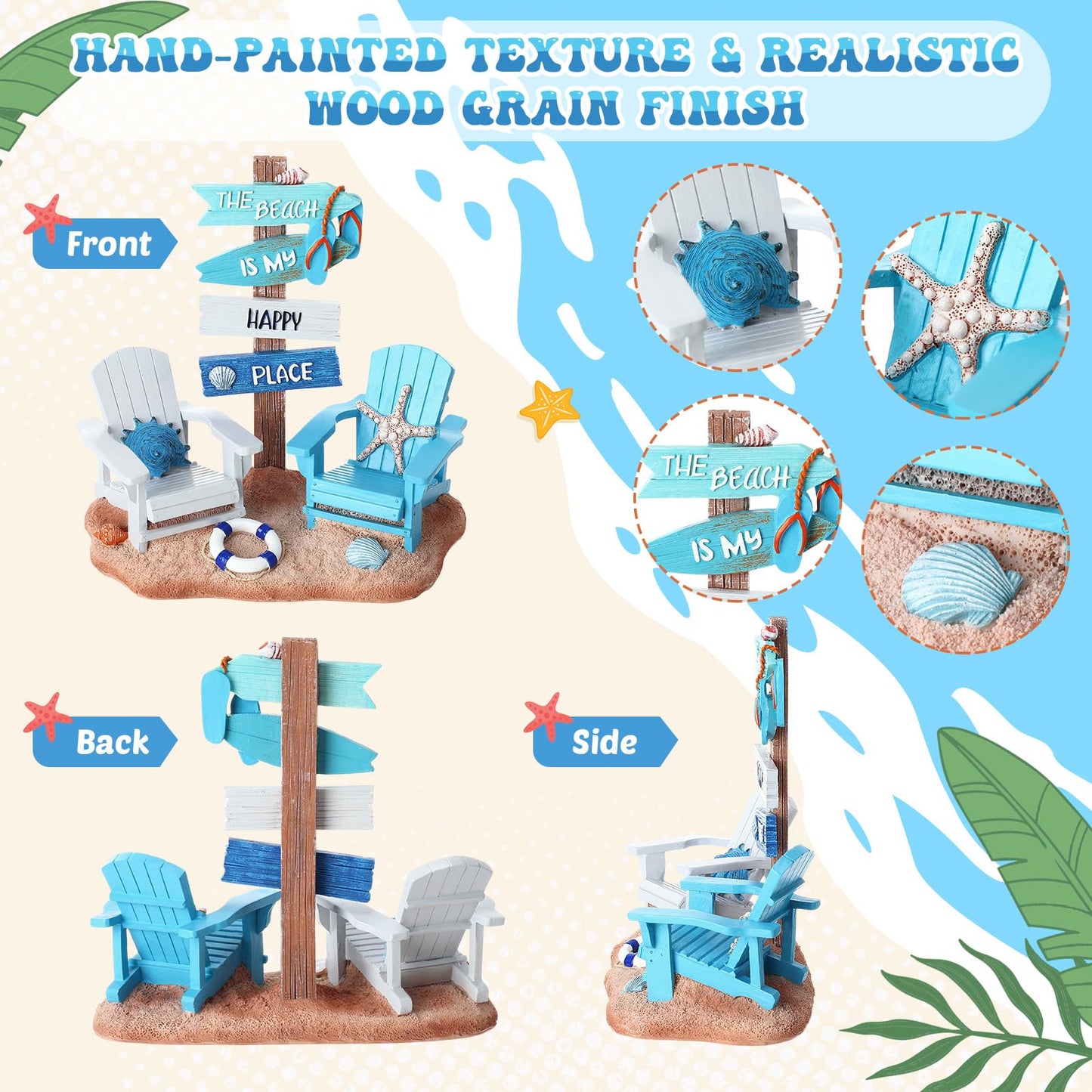 Wonderjune Beach House Decor Coastal Chair Resin with Animal Figurine Signs Ornament for Summer Beach Tropical Table Mantle Tabletop Decoration or Housewarming Birthday Gift 7x7 Inch(Coastal)