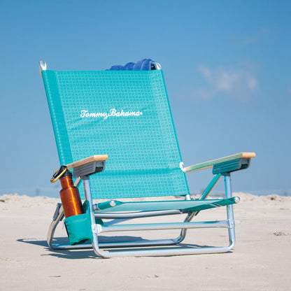 Tommy Bahama 5-Position Lay Flat Cup Holder and Towel Bar Beach Chair, 1-Pack, Turquoise Check