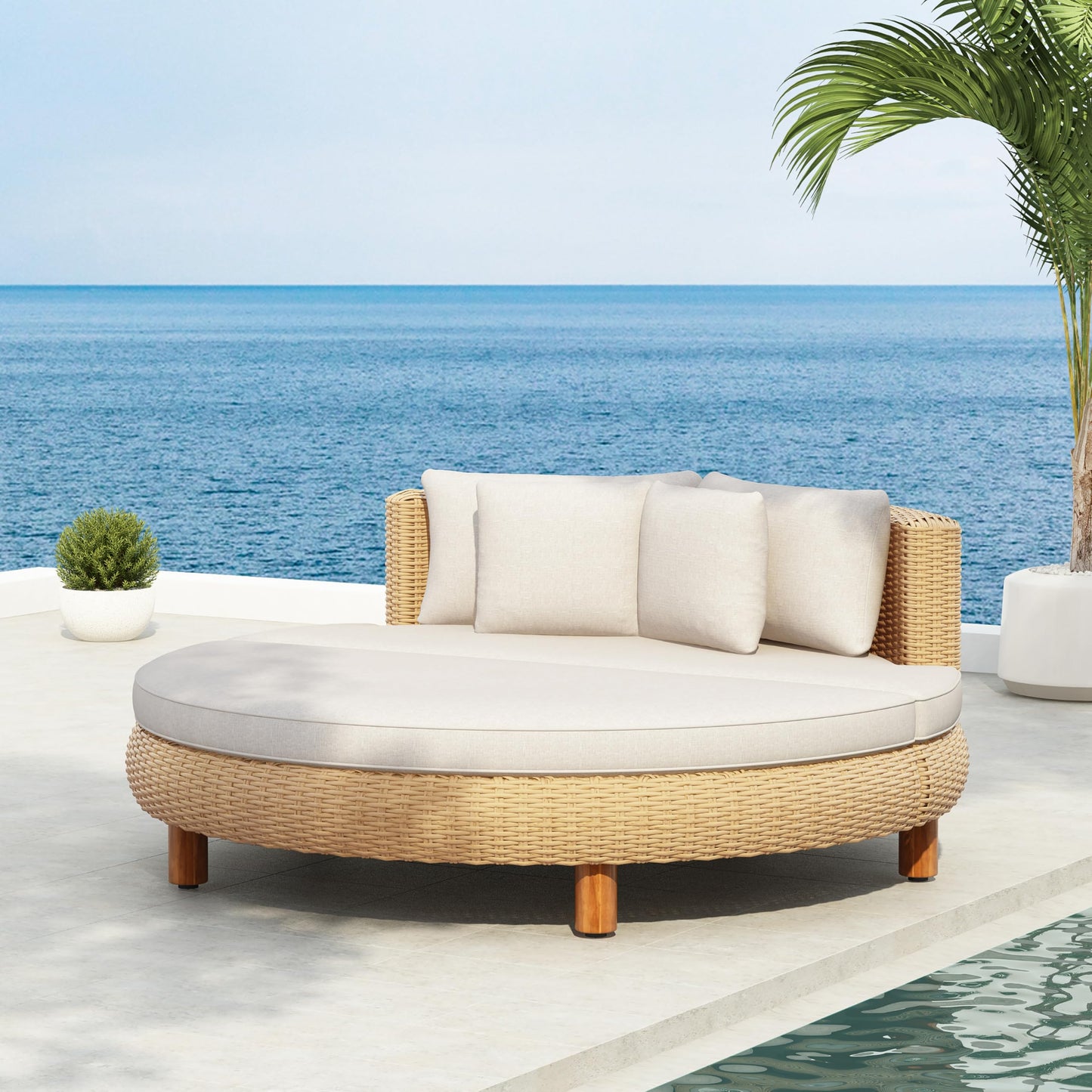 Scott Living Jennie Outdoor Round Wicker Daybed with Water-Resistant Beige Cushions and Pillows, Garden Daybed Sofa, PE Rattan Patio Lounger for Garden, Poolside, Natural+Beige