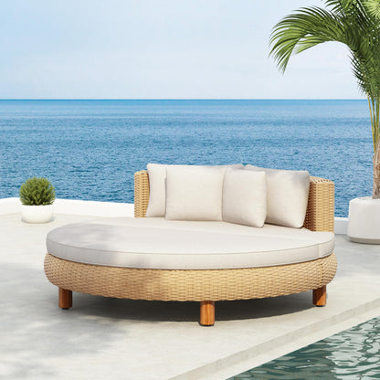 Scott Living Jennie Outdoor Round Wicker Daybed with Water-Resistant Beige Cushions and Pillows, Garden Daybed Sofa, PE Rattan Patio Lounger for Garden, Poolside, Natural+Beige