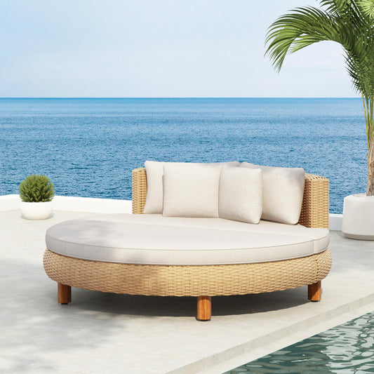 Scott Living Jennie Outdoor Round Wicker Daybed with Water-Resistant Beige Cushions and Pillows, Garden Daybed Sofa, PE Rattan Patio Lounger for Garden, Poolside, Natural+Beige
