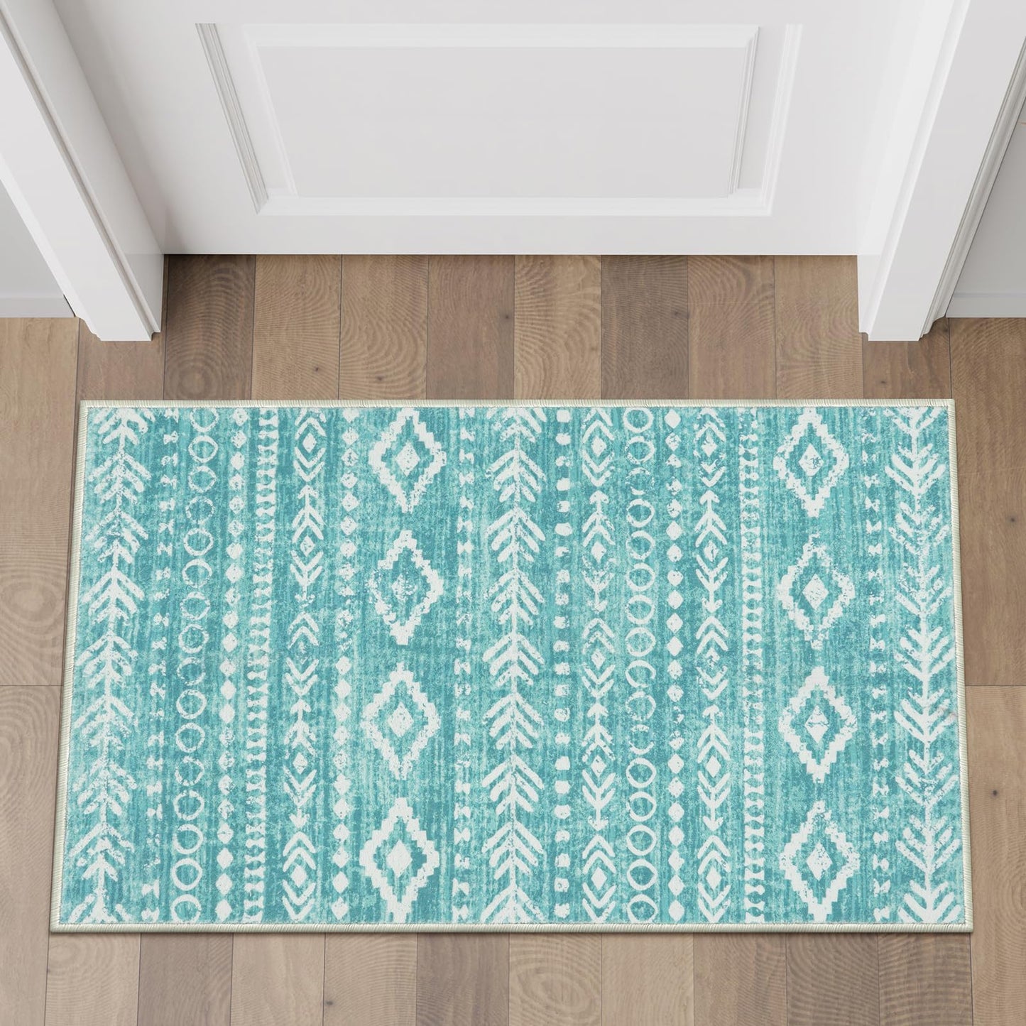 Lahome 2x3 Rustic Geometric Teal/White Area Rug, Machine Washable, Non-Slip Backing, Boho Print Design, Ultra-Thin Soft Indoor Entrance Rug
