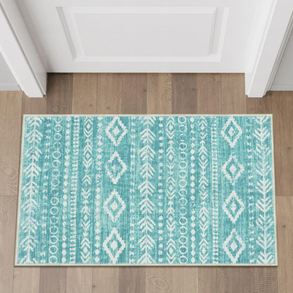 Lahome 2x3 Rustic Geometric Teal/White Area Rug, Machine Washable, Non-Slip Backing, Boho Print Design, Ultra-Thin Soft Indoor Entrance Rug