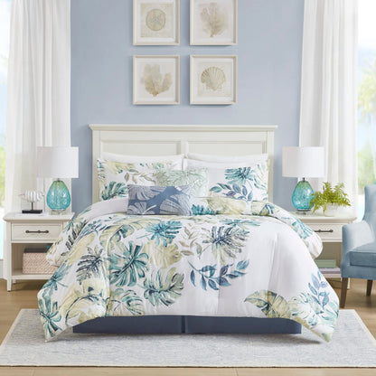 Harbor House Cozy Cotton Comforter Set - Coastal, All Season Down Alternative Casual Bedding with Matching Shams, Decorative Pillows, Lorelai, Monstera Leaf Green King(110"x96") 6 Piece