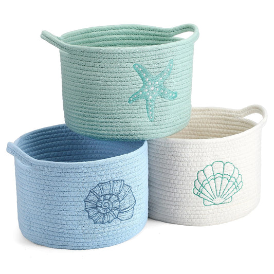 Vesici 3 Pcs Coastal Seashell Starfish Woven Baskets Blue White Green Beach Small Cotton Rope Storage Basket 9.7'' x 7.1'' Laundry Organizer with Handles for Toys Clothes Organization Nursery Bedroom