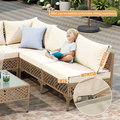 FHFO 7 Piece Patio Furniture Set, Outdoor Wicker Modular Sectional Patio Conversation Set with Thicker Cushion & Tempered Glass Coffee Table for Backyard, Poolside, Porch (Yellow/Beige)