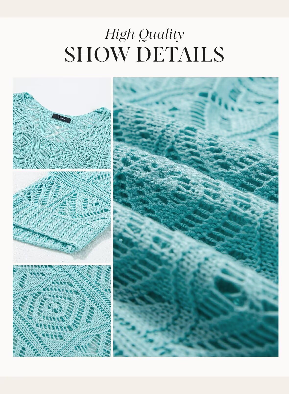 Dokotoo Womens Fashion Ladies Spring Summer Scoop Neck 3/4 Short Sleeve Crochet Top 2026 Pullover Sweaters Work Business Loose Shirts Bathing Suit Cover Up for Women Light Blue XX-Large