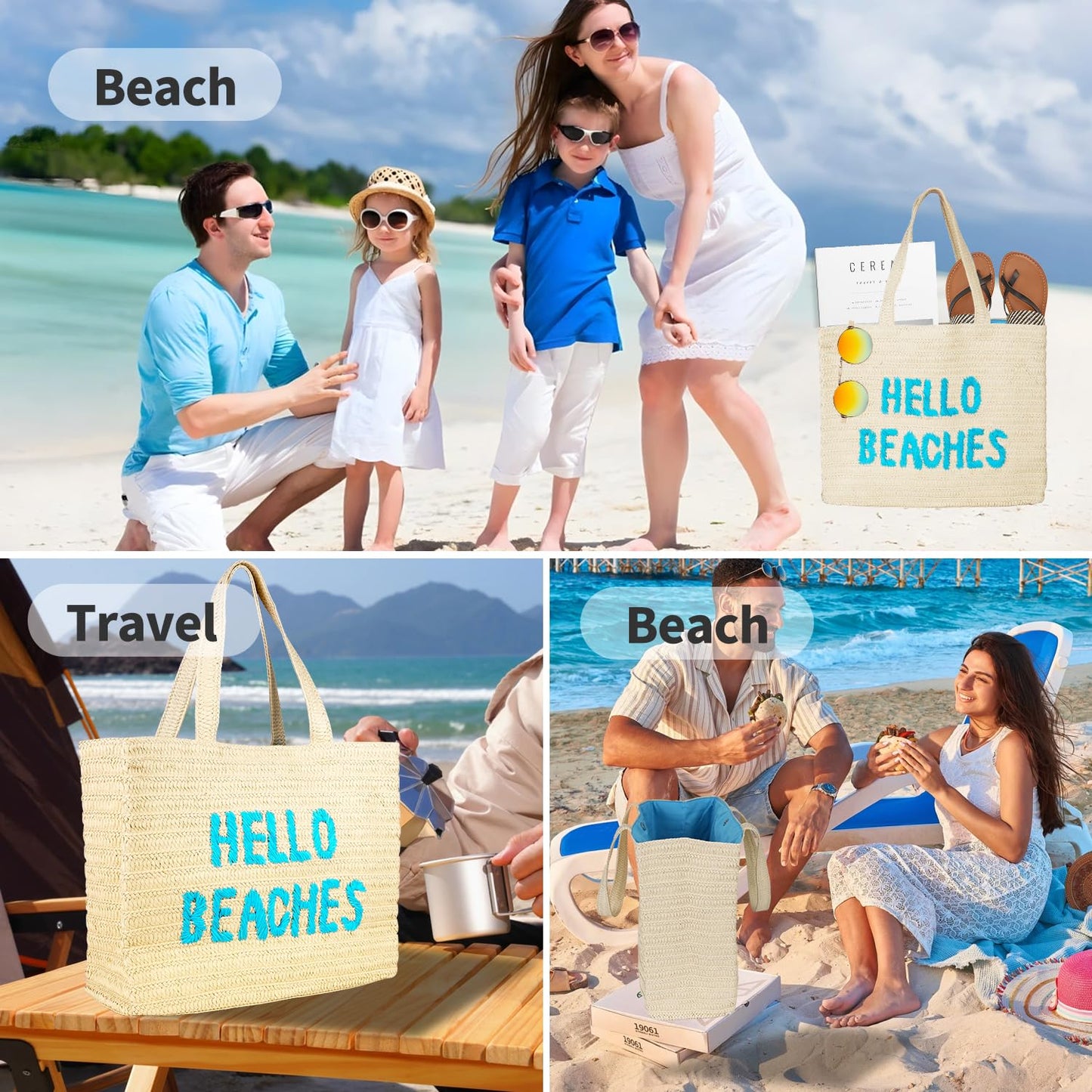Hello Beaches: beach bags for women vacation. A packable straw bag that folds flat. A large tote bag are beach essentials. Use as a travel beach bag. Take this Beach Tote Bag on Vacation