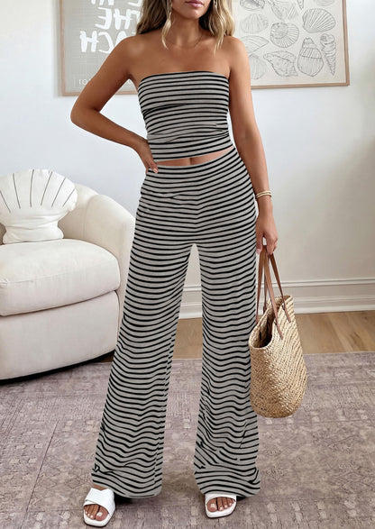 PRETTYGARDEN Two Piece Striped Sets for Women Summer Travel Outfits 2026 Spring Y2K Going Out Vacation Clothes Loungewear (Grey Black,Small)