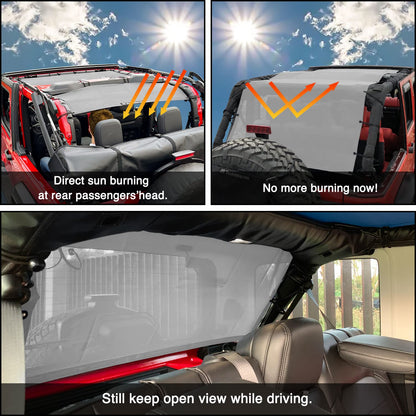 Shadeidea JK Sun Shade Top Compatible with Jeep Wrangler JKU Top Sunshade Soft Mesh Roof Cover (2007-2018)- Wind Noise UV Blocker -10 Year Warranty -4 Door -Gray -Front&Rear&Back (Full Length)