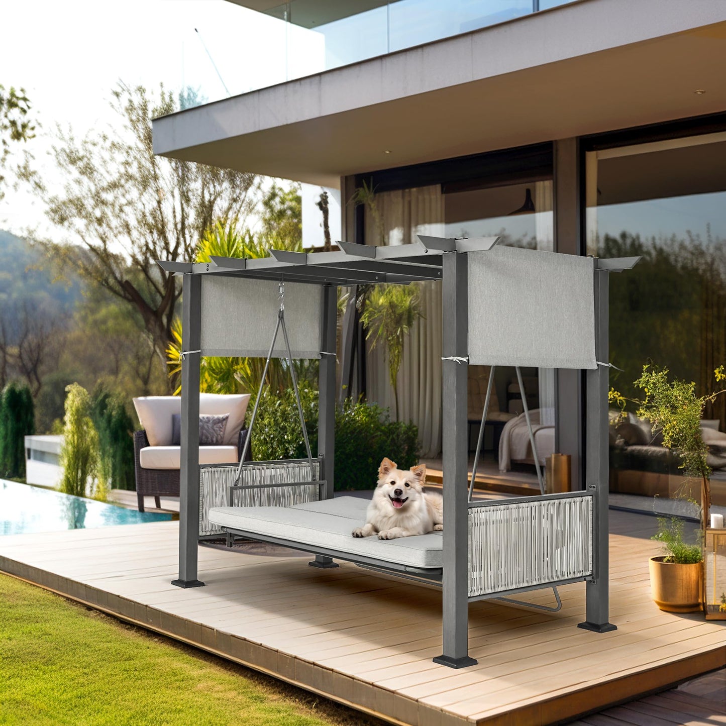 Pamapic 2-in-1 Convertible Porch Swing Bed, 3-Seat Elegant Patio Swing with Wicker Armrests, Outdoor Chair with Adjustable Canopy for Balcony, Garden, and Poolside, Gray