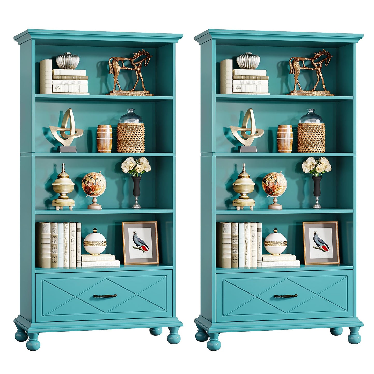 Tribesigns 6-Shelf Bookcase Set of 2, 71 Inch Tall Floor Standing Bookshelf with Drawer and Solid Wood Legs, 6-Tier Large Display Storage Book Shelf for Home Office, Ocean Blue