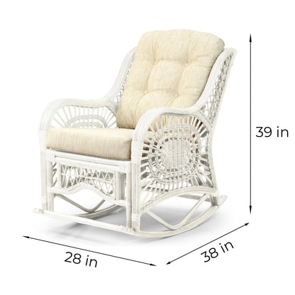 Malibu Lounge Rocking Chair ECO Handmade Natural Wicker Rattan White Color with Cream Cushion, Indoor ONLY