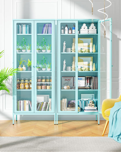 Bonusall Display Cabinet with Glass Doors,67” Metal Display Curio Cabinet with Glass Doors and 4 Adjustable Shelves for Collectibles,Home Office,Living Room,Gaming Room(Blue)