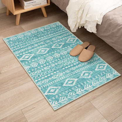 Lahome 2x3 Rustic Geometric Teal/White Area Rug, Machine Washable, Non-Slip Backing, Boho Print Design, Ultra-Thin Soft Indoor Entrance Rug