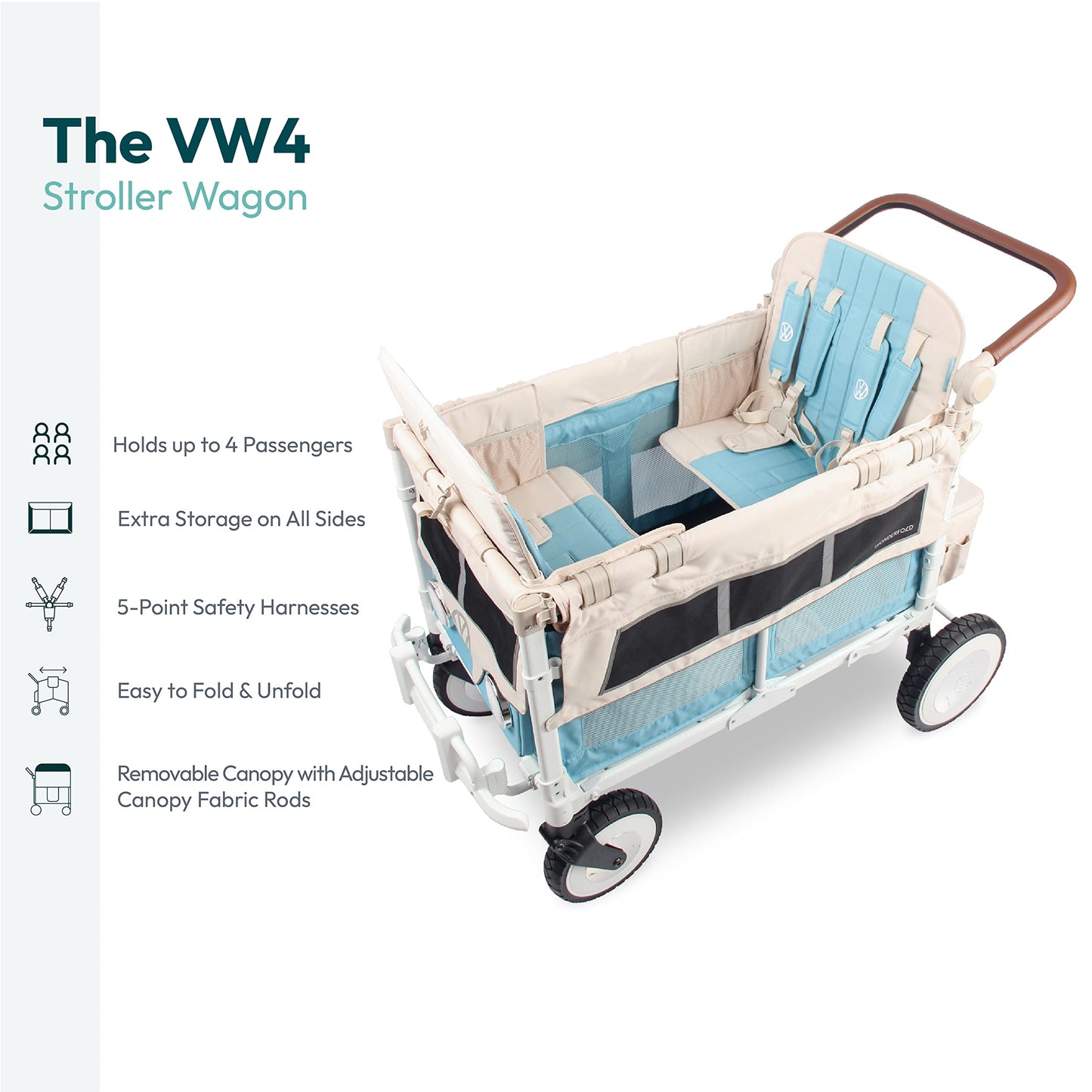 WONDERFOLD Volkswagen Stroller Wagon (4 Seater) - Collapsible Wagon Stroller with VW Bumper, Functioning Headlights, and All-Terrain XL Wheels