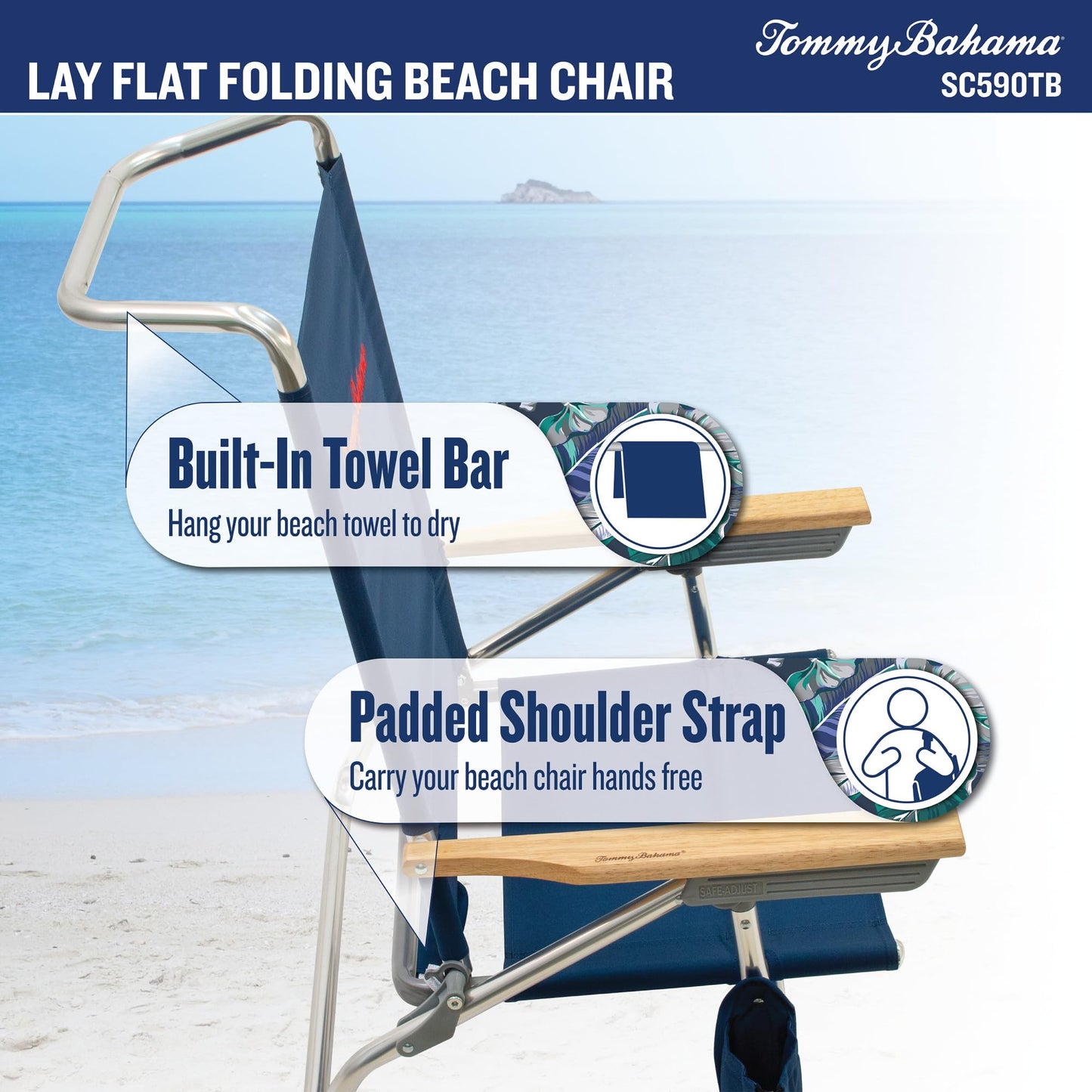 Tommy Bahama 5-Position Lay Flat Cup Holder and Towel Bar Beach Chair, 1-Pack, Turquoise Check