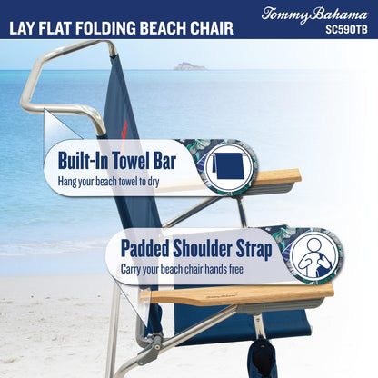 Tommy Bahama 5-Position Lay Flat Cup Holder and Towel Bar Beach Chair, 1-Pack, Turquoise Check