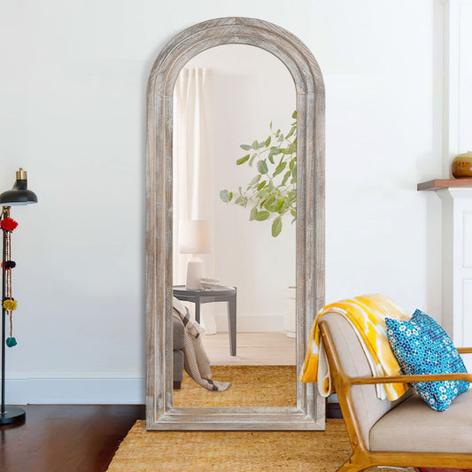 Trvone Arched Full Length Mirror - Solid Wood Frame Floor Mirror with Back Hooks for Vertical Hanging in Bedroom or Living Room (65"x22", Weathering White)