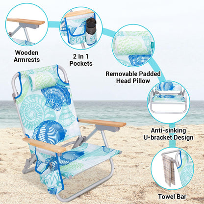 #WEJOY Beach Chair with 4 Positions for Adults Portable Backpack Aluminum Beach Chair with Wooden Armrest Lightweight Folding Chairs with Back Pocket Bag for Lawn Pool Patio Camping (Cyan Green)