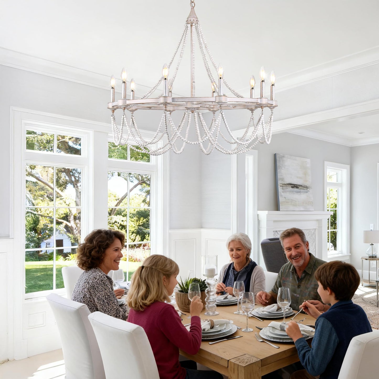COCOSTAR Large Beaded Dining Room Light Fixture, 36" White Farmhouse Chandelier, French Country Wagon Wheel Chandelier, Coastal Boho Hanging Lighting for High Ceiling,10xE12 Candle Lights