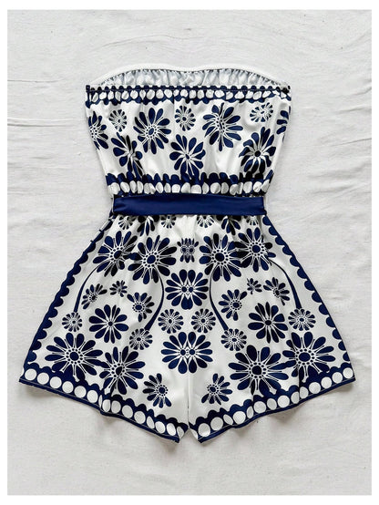 SweatyRocks Women's Summer Boho Strapless Romper Floral Sleeveless Short Jumpsuits Beach Vacation Clothes Dark Blue Medium