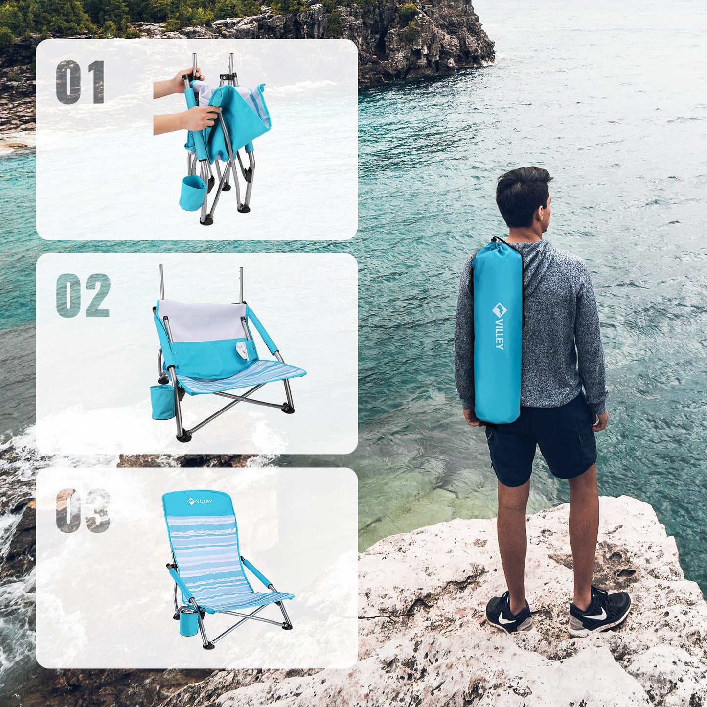 VILLEY Low Beach Chair, High Back Folding Chair for Adults, Lightweight and Portable for Outdoor, Camping, Lawn, Music Festival, with Cup Holder and Carry Bag - Blue Stripes