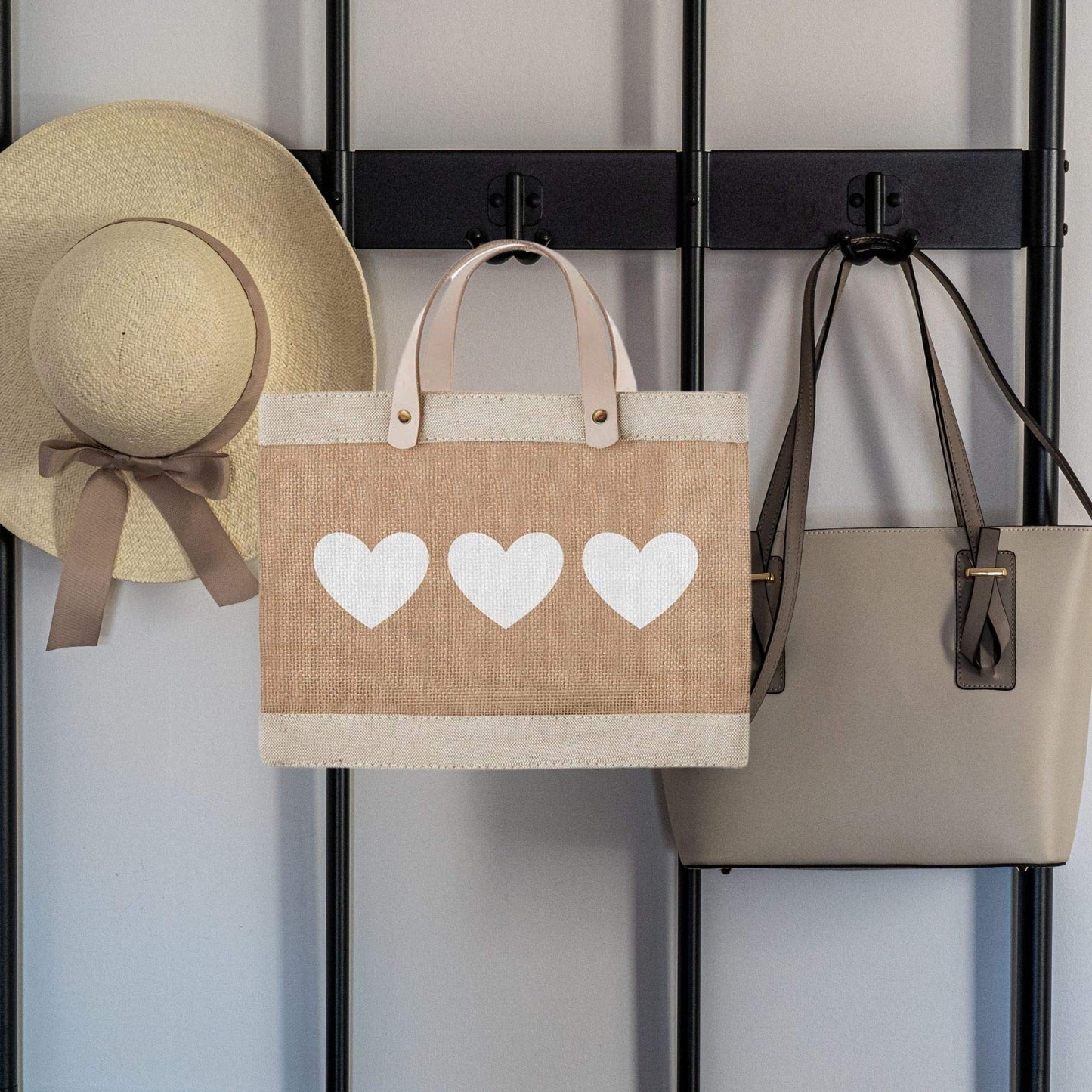 Santa Barbara Design Studio Mini Jute Tote - Natural Burlap Hand Bag with Waterproof lining and Leather Handles, 12.5" x 9.5", Hearts