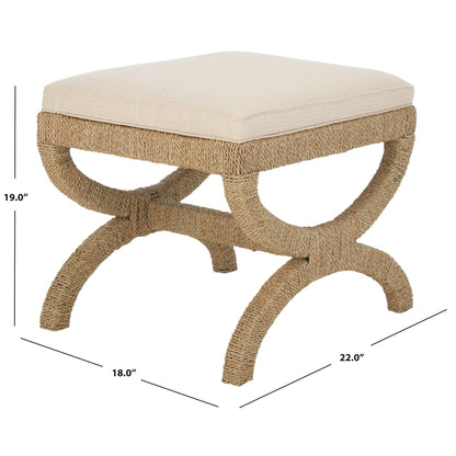 SAFAVIEH Couture Collection Aikan Coastal Natural/Beige Woven Seagrass Solid Wood Ottoman Foot Stool (Fully Assembled)
